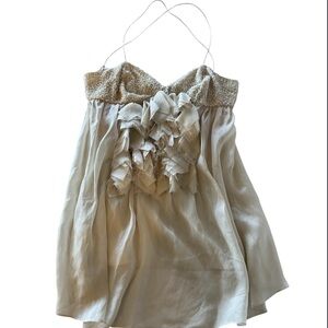 Brian Reyes Beaded Bustier Cream Sheer Ruffle 100% Silk Strappy Tank Top Size 2
